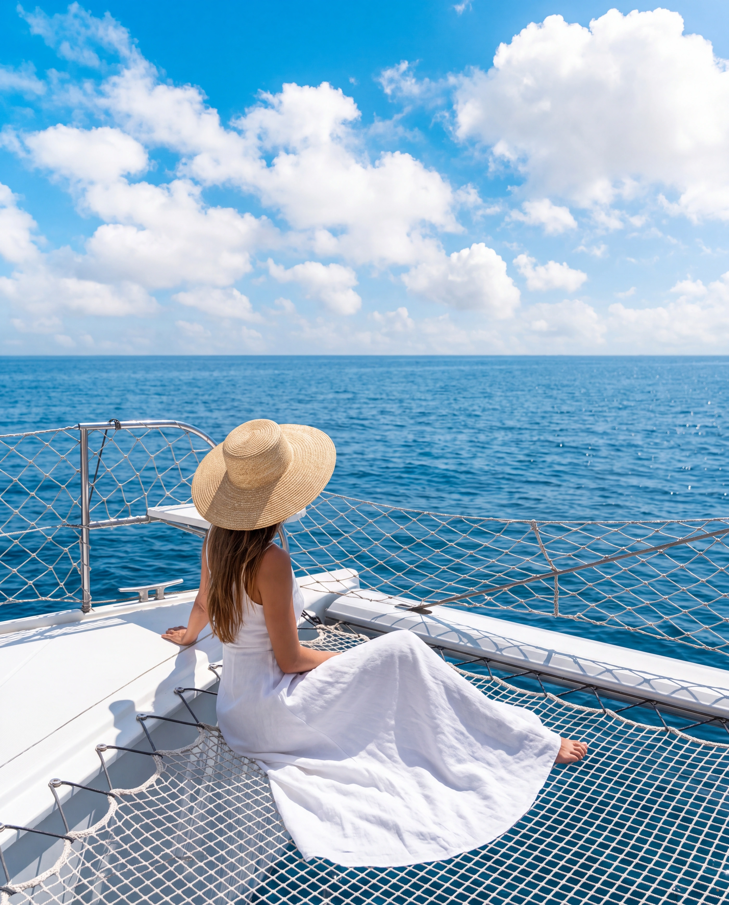 A woman in white and a straw hat on a catamaran's bow net, open sea ahead