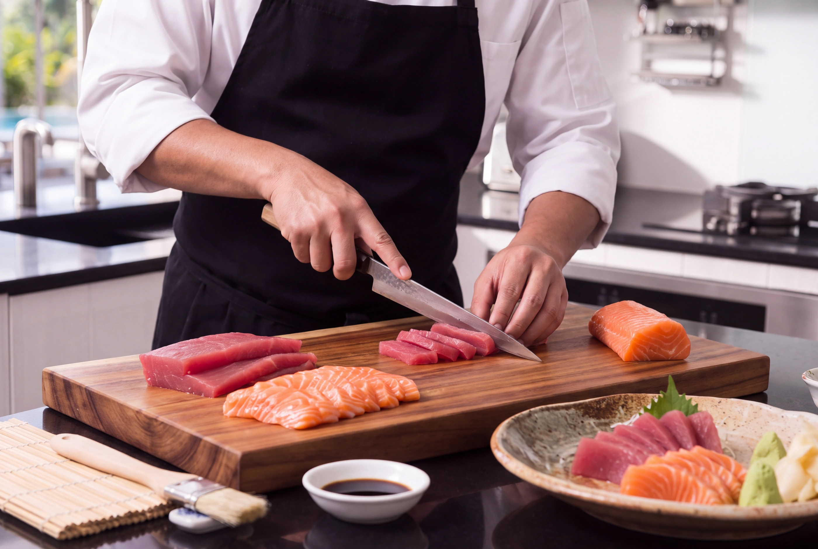 A chef slicing tuna and salmon on a wooden board in the kitchen