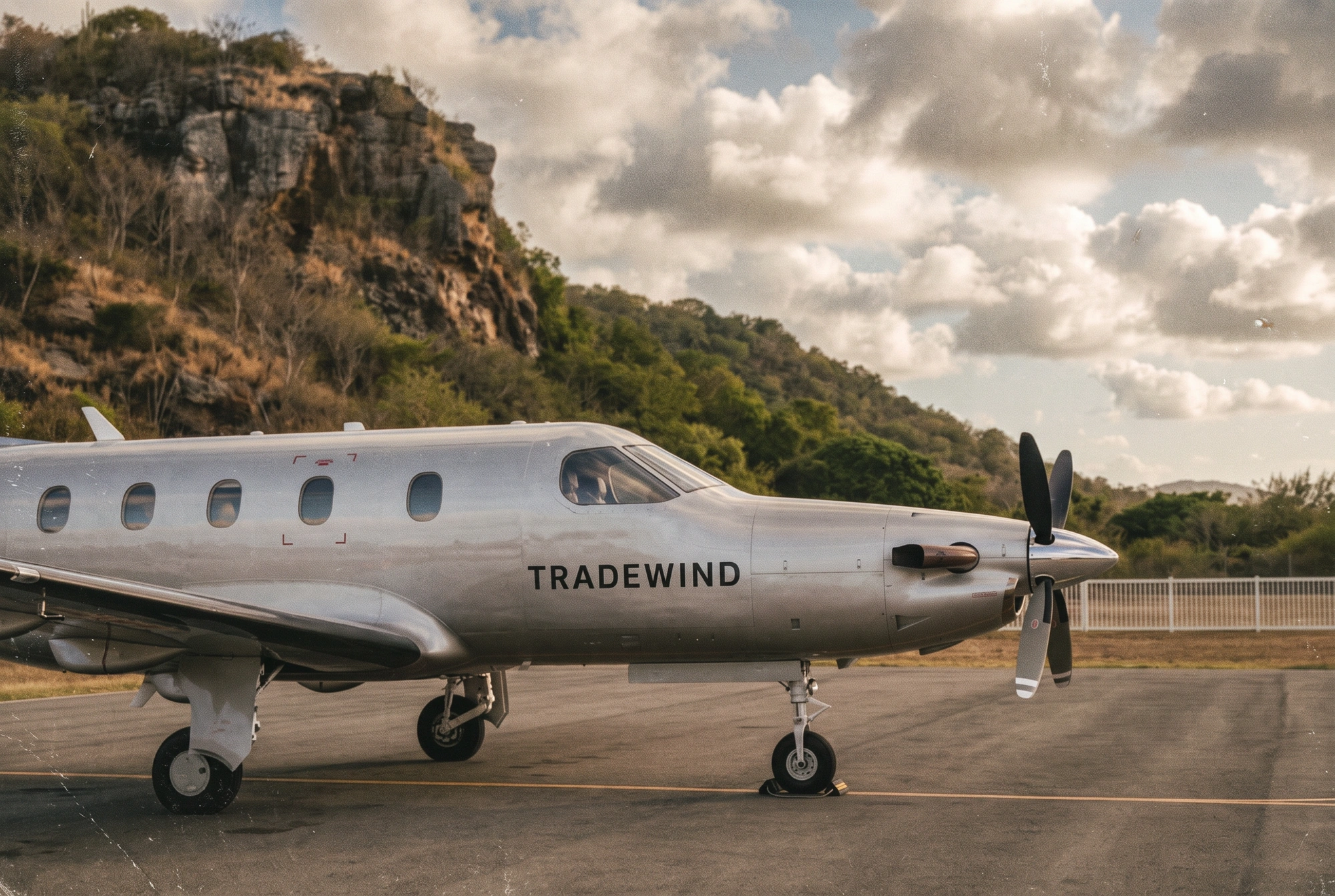 A light aircraft on the island airstrip