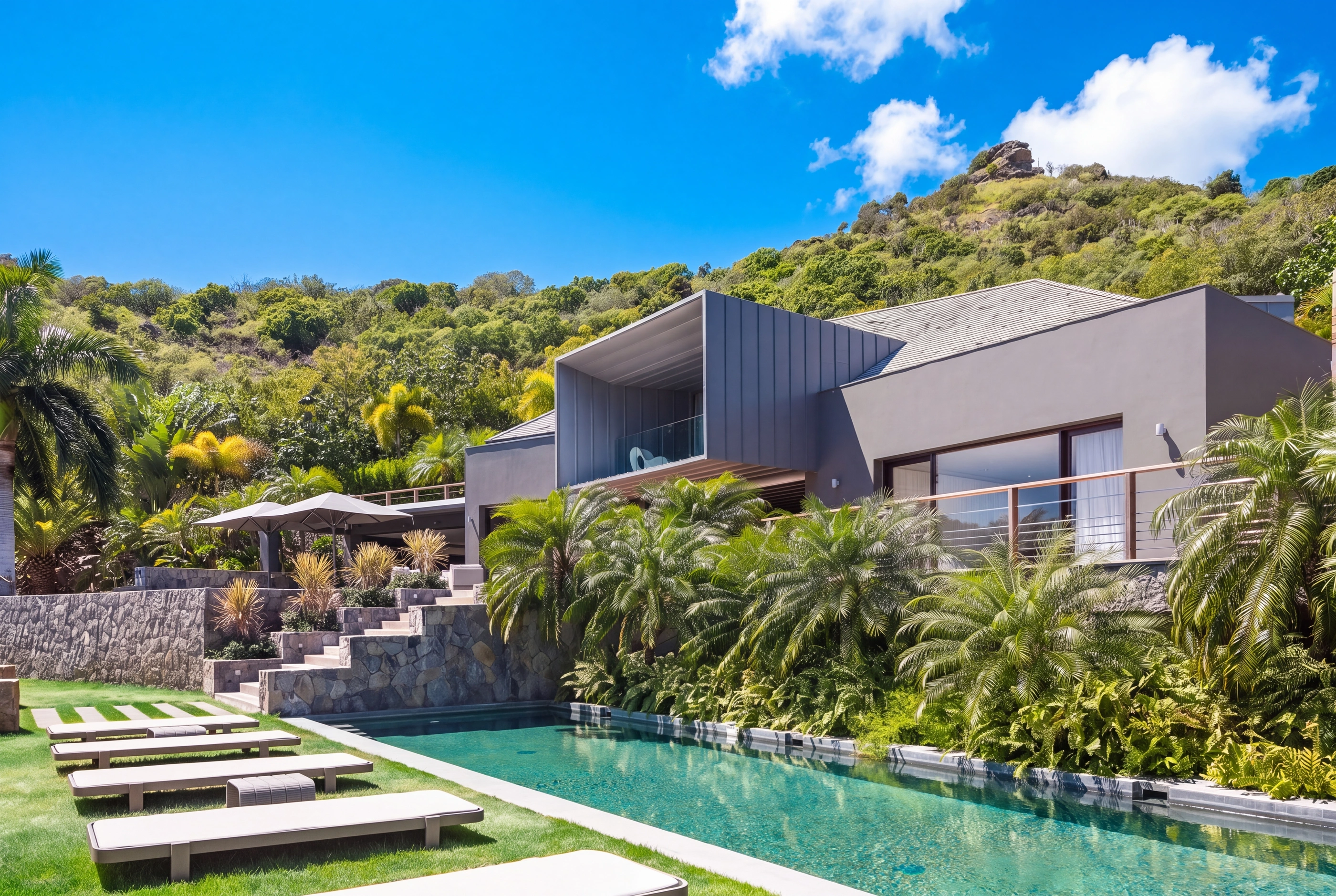 The house above its pool, set into the hillside