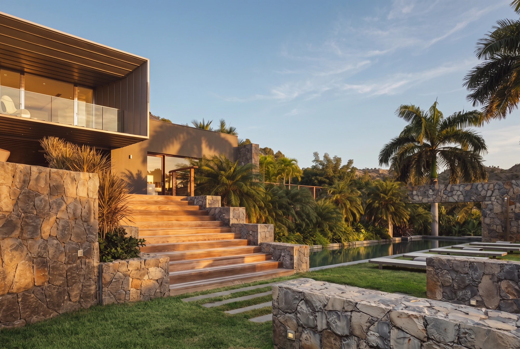 The stone steps rising through the lawn to the house
