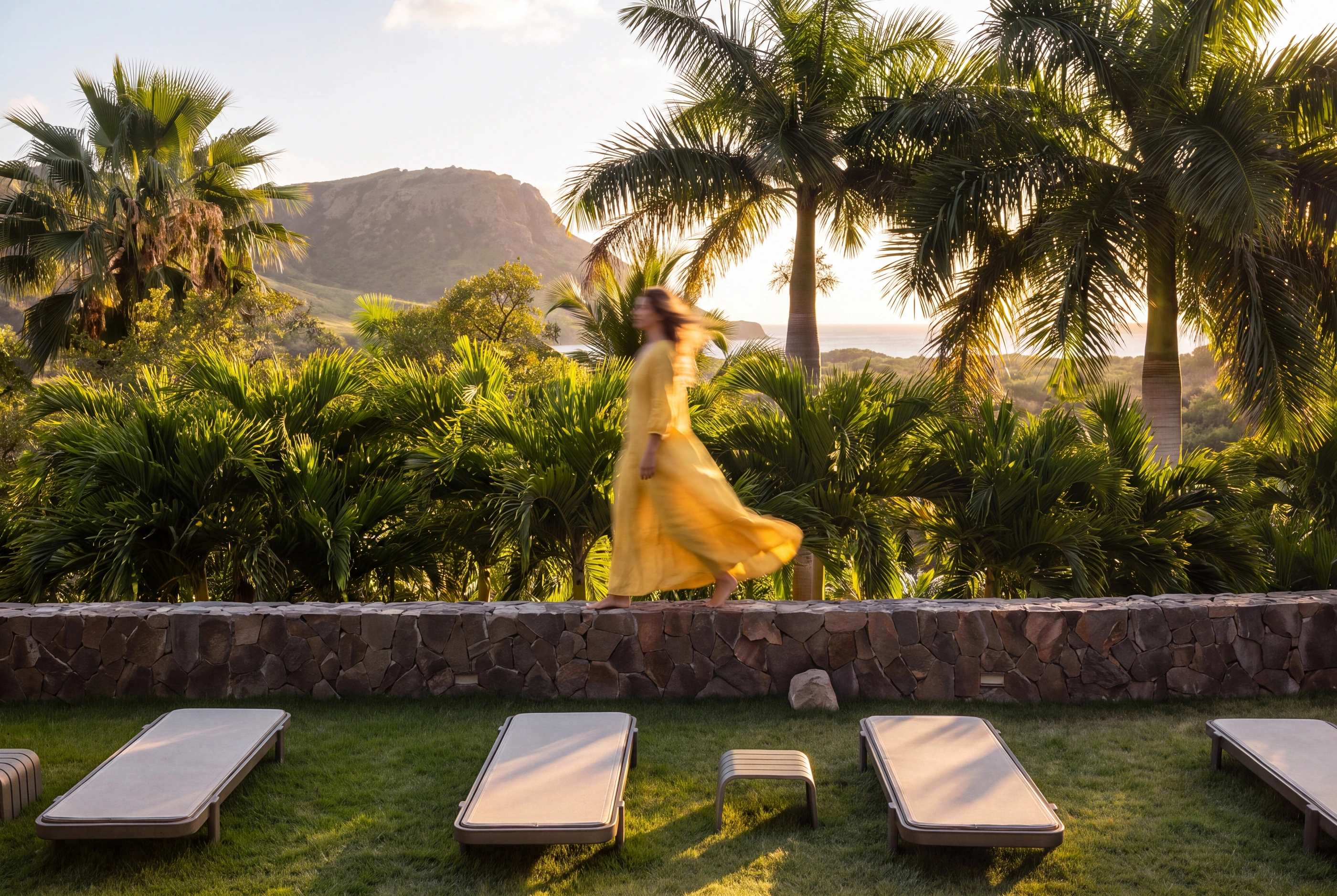 Walking the top of the stone wall through the garden, the palms and the hills behind, the sea beyond