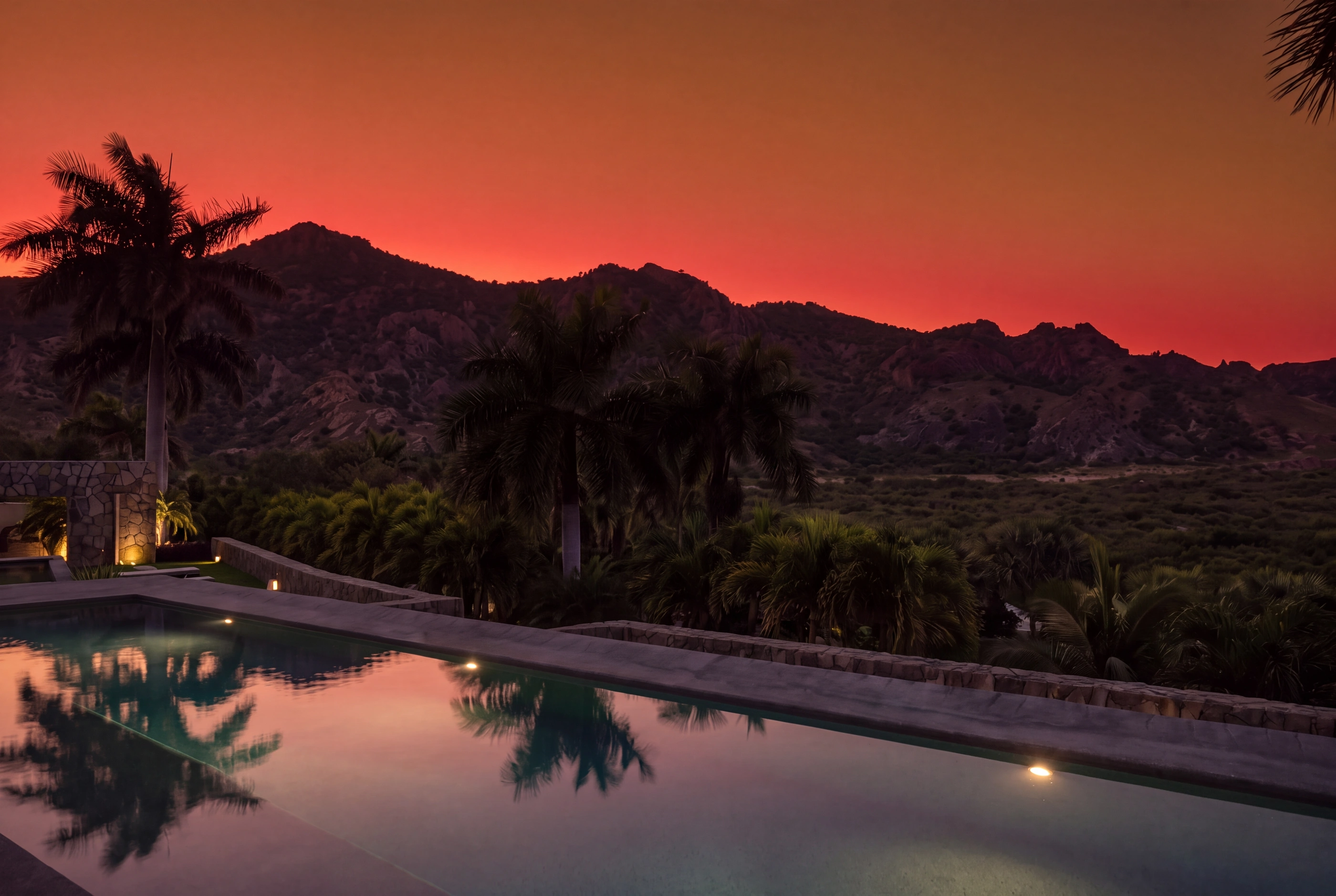 The pool at dusk, the hills red