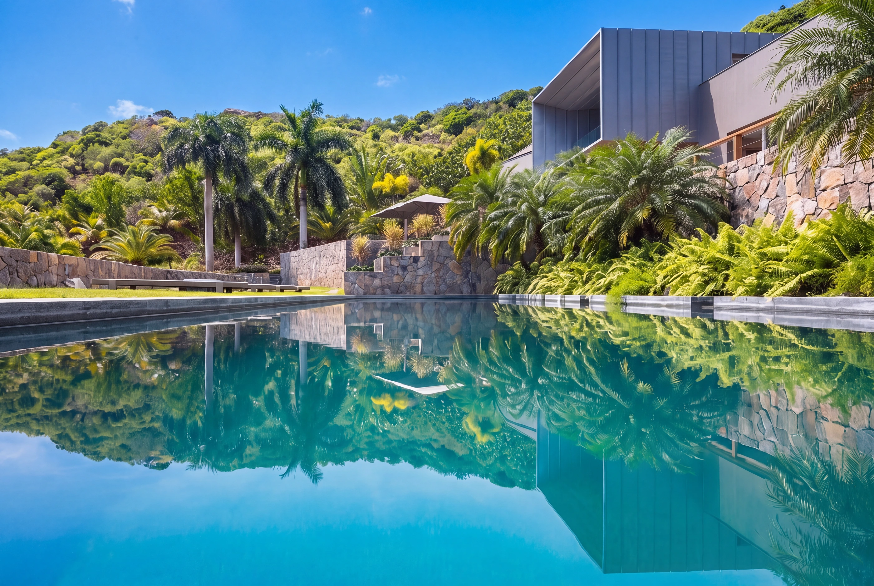 The pool mirroring the palms