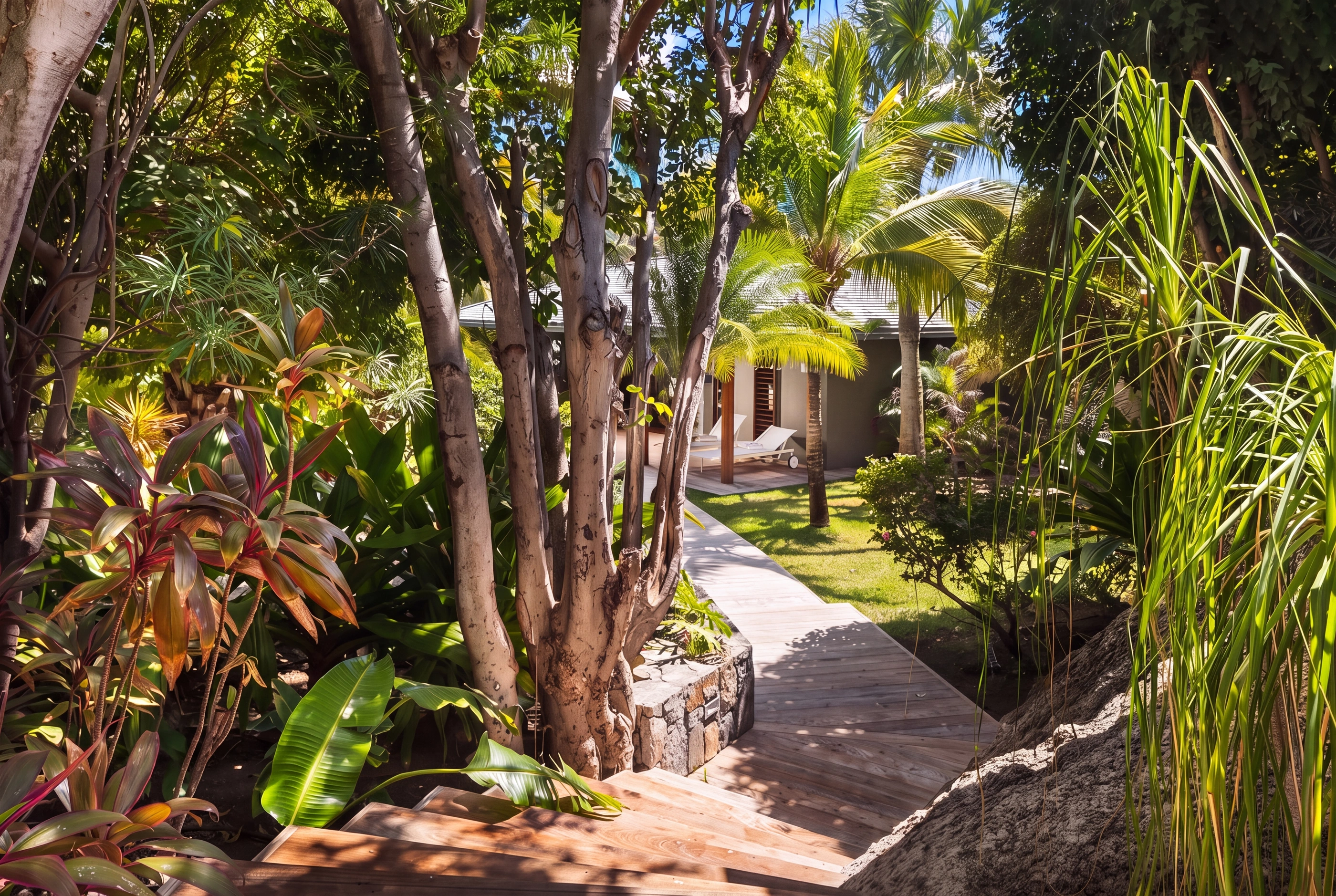 The wooden walkway through the garden to a bungalow, the loungers on its terrace